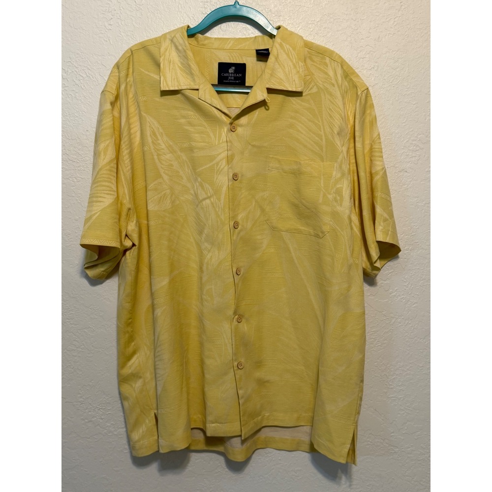 Caribbean Joe Mens XL 100% Silk Tropical Palm Jacquard‎ Camp Shirt Hawaiian